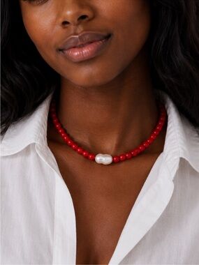 New! Red Beaded Pearl Dopamine Necklace NWOT 3032